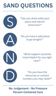 SAND QUESTIONS S - CAN YOU SHARE WHAT YOUR PLANS LOOK LIKE FOR TOMORROW?A - DO YOU HAVE A SAFE PLACE TO GO TONIGHT?N - WHAT SUPPORT WOULD BE MOST HELPFUL FOR YOU RIGHT NOW?D - DO YOU HAVE THE RESOURCES OR CONTACT NUMBERS YOU MAY NEED?NO JUDGEMENTNO PRESSUREPERSON-CENTERED CARE logo