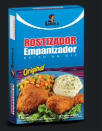 SANOLA ROSTIZADOR EMPANIZADOR BREADING MIX ORIGINAL NET WT. / PESO NETO: 3.5OZ. (100G) CON EL TOQUE DE SAL PERFECTO SEASON FLOUR FOR BREADING / HARINA CONDIMENTADA PARA EMPANIZAR SERVING SUGGESTION PRESENTACIÓN SUGERIDA SANOLA ROSTIZADOR EMPANIZADOR BREADING MIX SANOLA logo