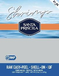 SANTA PRISCILA SHRIMP SHRIMP, BAP CERTIFIED, RAW EASY-PEEL, SHELL-ON, IQF, FARM RAISED, PRODUCT OF ECUADOR, KEEP FROZEN AT 0°F (-18°C), NET WT. 32 OZ (2 LB) 907 G, 21-25 COUNT logo