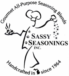 SASSY SEASONINGS INC. HANDCRAFTED IN SINCE 1964 GOURMET ALL-PURPOSE SEASONINGS BLENDS logo
