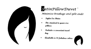 SATINPILLOWDUVET MINIMIZE BREAKAGE AND SPLIT ENDS! · STYLIST 1ST. CHOICE · FITS STANDARD TO QUEEN SIZE PILLOWS · INCLUDES A CONVENIENT TRAVEL BAG · AVAILABLE IN 14 FABULOUS COLORS logo