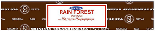 SATYA RAIN FOREST INCENSE, MFRS.: SHRINIVAS SUGANDHALAYA, SATYA, SATYA INIVAS S, NAG CHA HALAYA , SRINIVAS SUGANDHALAYA SATYA SAIBAB, S logo