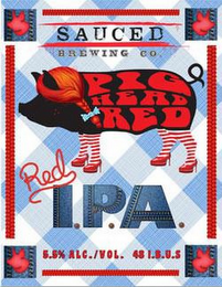 SAUCED BREWING CO. PIG HEAD RED RED I.P.A. 5.5%  ALC./VOL.  48 I.B.U.S. logo