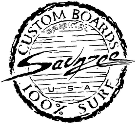 SAUNZEE ORIGINAL CUSTOM BOARDS U S A 100% SURF logo