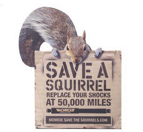 SAVE A SQUIRREL REPLACE YOUR SHOCKS AT 50,000 MILES MONROE MONROE SAVE THE SQUIRRELS.COM logo