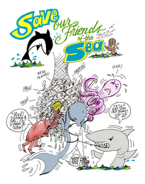 SAVE OUR FRIENDS OF THE SEA WE'RE TRAPPED! HELP! "OOPS! I BROKE A NAIL. OH! I MEAN A CLAW! SAVE US! UUH! "I'LL GET YOU OUT BUDDY! UH-UH WATCH OUT! I GOT HIM SNAP logo