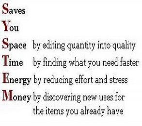 SAVES YOU SPACE BY EDITING QUANTITY INTO QUALITY TIME BY FINDING WHAT YOU NEED FASTER ENERGY BY REDUCING EFFORT AND STRESS MONEY BY DISCOVERING NEW USES FOR THE ITEMS YOU ALREADY HAVE logo