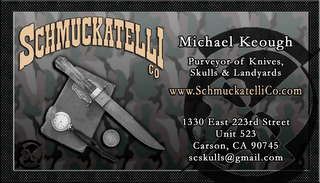SCHMUCKATELLI CO MICHAEL KEOUGH PURVEYOR OF KNIVES, SKULLS & LANDYARDS WWW.SCHMUCKATELLICO.COM 1330 EAST 223RD STREET UNIT 523 CARSON, CA 90745 SCSKULLS@GMAIL.COM logo