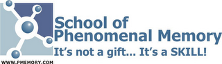 SCHOOL OF PHENOMENAL MEMORY IT'S NOT A GIFT...IT'S A SKILL! WWW.PMEMORY.COM logo