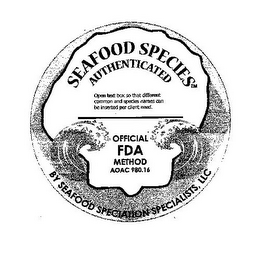 SEAFOOD SPECIES AUTHENTICATED OPEN TEXT BOX SO THAT DIFFERENT COMMON AND SPECIES NAMES CAN BE INSERTED PER CLIENT NEED. OFFICIAL FDA METHOD AOAC 980.16 BY SEAFOOD SPECIATION SPECIALISTS, LLC logo