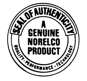 SEAL OF AUTHENTICITY A GENUINE NORELCO PRODUCT QUALITY PERFORMANCE TECHNOLOGY logo