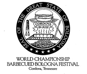 SEAL OF THE GREAT STATE OF BOLOGNA CORDOVA IN JULY WORLD CHAMPIONSHIP BARBECUED BOLOGNA FESTIVAL CORDOVA, TENNESSEE logo