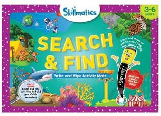 "SEARCH & FIND","WRITE AND WIPE ACTIVITY MATS", "SILLY BILLY," "HOURS AND HOURS OF PRACTICE AND PLAY WITH SKILLY BILLY" "BLACK PEN + BONUS COLOR PEN INSIDE,""WRITE," "WIPE," "REPEAT,"SPECIAL FEATURE SEARCH AND FIND ACTIVITIES TO BUILD YOUR CHILD'S VOCABULARY,""SKILLMATICS,""3-6 YEARS"