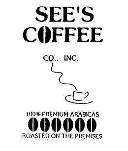 SEE'S COFFEE CO., INC. 100% PREMIUM ARABICAS ROASTED ON THE PREMISES logo