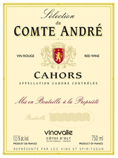 SELECTION DU COMTE ANDRÉ VIN ROUGE RED WINE CAHORS APPELLATION CAHORS CONTRÔLÉE MIS EN BOUTEILLE Á LA PROPRIÉTÉ BOUTEILLE VINOVALIE CÔTES D ' OLT 46140 PARNAC · FRANCE 13,5% ALC/VOL. 750ML PRODUCT OF FRANCE REPRÉSENTÉ PAR LCC VINS ET SPIRITUEUX logo