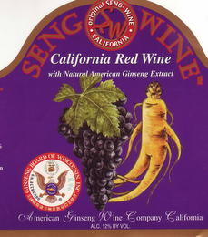 SENG WINE CALIFORNIA RED WINE WITH NATURAL AMERICAN GINSENG EXTRACT ORIGINAL SENG-WINE CALIFORNIA GINSENG BOARD OF WISCONSIN INC. logo