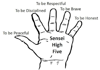 SENSEI HIGH FIVE TO BE PEACEFUL TO BE DISCIPLINED TO BE RESPECTFUL TO BE BRAVE TO BE HONEST logo
