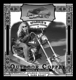 SETTLE BREW SPARKIE'S OUTDOOR COFFEE & GEAR COMPANY OUTDOOR COFFEE SMOOTH & DELICIOUS SPARKIE POUNDER DARK ROAST MORE THAN A POUND logo