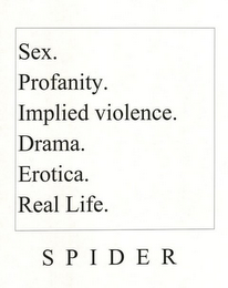 SEX. PROFANITY. IMPLIED VIOLENCE. DRAMA. EROTICA. REAL LIFE. SPIDER logo