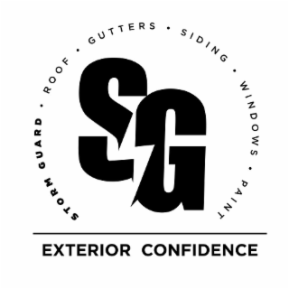 SG STORM GUARD · ROOF · GUTTERS · SIDING · WINDOWS · PAINT EXTERIOR CONFIDENCE logo