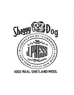 SHAGGY DOG DESIGN WITH WASHINGTON D.C. CAMBRIDGE NEW HAVEN NEW YORK SINCE 1902 J. PRESS 100% REAL SHETLAND WOOL logo