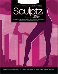 SHAPELY PERFECTION PANTYHOSE SCULPTZ SHAPEWEAR BY SILKIES ULTIMATE SCULPTING CONTROL AND COMFORT FROM WAIST TO THIGH WITH SHEER ENERGIZING LEG FLATTEN YOUR TUMMY · LIFT YOUR REAR · SLIM YOUR HIPS & THIGHS logo