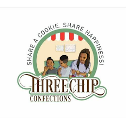 SHARE A COOKIE. SHARE HAPPINESS! THREE CHIP CONFECTIONS logo