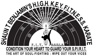 SHAUN T BENJAMIN'S H.I.G.H. K.E.Y. F.I.T.N.E.S.S. KARATE BODY EMOTION MIND SPIRIT F.I.T. S.O.U.L.S. CONDITION YOUR HEART TO GUARD YOUR S.P.I.R.I.T. THE ART OF SOUL-FIGHTING : WIPE OUT YOUR VICES logo