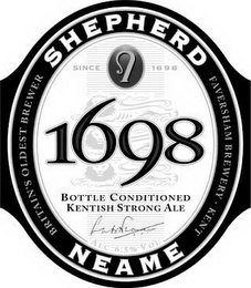 SHEPHERD NEAME SINCE 1698 1698 BOTTLE CONDITIONED KENTISH STRONG ALE ALC. 6.5 % VOL. BRITAIN'S OLDEST BREWER FAVERSHAM BREWERY KENT logo