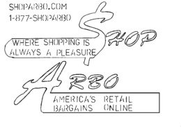 SHOPARBO.COM 1-877-SHOPARBO SHOP WHERE SHOPPING IS ALWAYS A PLEASURE ARBO AMERICA'S RETAIL BARGAINS ONLINE logo