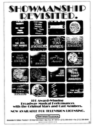 SHOWMANSHIP REVISITED. AIRLINES PRESENTS THE 1967 TONY AWARDS EASTERN AIRLINES PRESENTS THE 1968 TONY AWARDS THE 1969 TONY AWARDS 1970 TONY AWARDS 25 THE 1971 TONY AWARDS 1972 TONY AWARDS 1973 TONY AWARDS 1974 TONY AWARDS THE 1975 TONY AWARDS THE 1976 TONY AWARDS THE 1977 TONY AWARDS 1978 TONY AWARDS 1979 TONY AWARDS 1980 TONY AWARDS THE 1981 TONY AWARDS THE 1982 TONY AWARDS THE 1983 TONY AWARDS 1984 TONY AWARDS SNUBERT THEATRE A CHORUS LINE THE 1985 TONY AWARDS THE 1986 TONY AWARDS 100 AWARD-WINNING BROADWAY MUSICAL PERFORMANCES WITH THE ORIGINAL STARS AND CAST MEMBERS. NOW AVAILABLE FOR TELEVISION LICENSING. BENTWOOD TELEVISION logo
