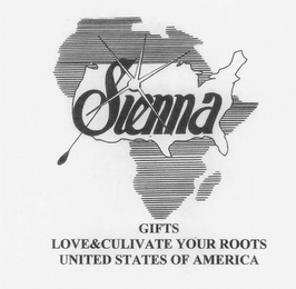 SIENNA GIFTS LOVE AND CULTIVATE YOUR ROOTS UNITED STATES OF AMERICA "ALL RIGHTS RESERVED" logo