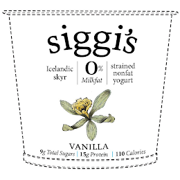 SIGGI'S ICELANDIC SKYR 0% MILKFAT STRAINED NONFAT YOGURT VANILLA 9G TOTAL SUGARS 15G PROTEIN 110 CALORIES logo