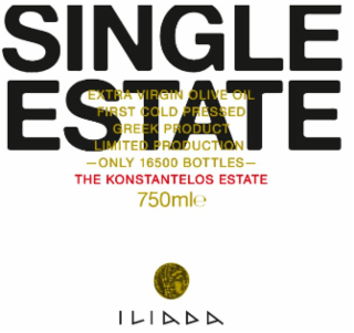 SINGLE ESTATE EXTRA VIRGIN OLIVE OIL FIRST COLD PRESSED GREEK PRODUCT LIMITED PRODUCTION ONLY 16500 BOTTLES THE KONSTANTELOS ESTATE ILIADA logo