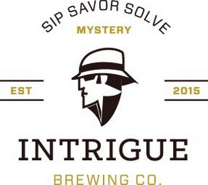 SIP SAVOR SOLVE MYSTERY EST 2015 INTRIGUE BREWING CO. logo