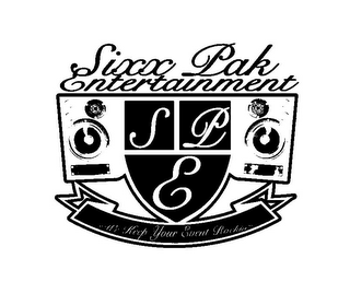 SIXX PAK ENTERTAINMENT S P E "WE KEEP YOUR EVENT ROCKIN" logo