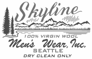 SKYLINE 100% VIRGIN WOOL MEN'S WEAR, INC. SEATTLE DRY CLEAN ONLY logo