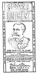 SLOAN'S NERVE & BONE LINIMENT KEEP FROM FIRE OR FLAME KILLS ALL PAIN IN MAN OR BEAST PRICE, ONE DOLLAR DR. EARL S. SLOAN BOSTON, MASS., U.S.A. NONE GENUINE WITHOUT PORTRAIT AND SIGNATURE KEEP WELL CORKED IN A COOL PLACE THIS LINIMENT IS A GREAT WIND PUFF CURE LABEL ENTERED ACCORDING TO ACT OF CONGRESS 1889-1890.  TRADEMARK REGISTERED 1890.  ANY INFRINGEMENT ON LABEL OR WRAPPER WILL BE PROSECUTED TO FULL EXTENT OF THE LAW. logo