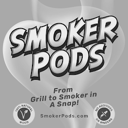 SMOKER PODS FROM GRILL TO SMOKER IN A SNAP! 100% NATURAL WOOD NO ADDITIVES OR BINDERS SMOKERPODS.COM logo