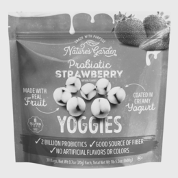 SNACK WITH PURPOSE NATURE'S GARDEN PROBIOTIC STRAWBERRY NATURAL FLAVORS YOGGIES MADE WITH REAL FRUIT COATED IN CREAMY YOGURT GLUTEN FREE NFC CERTIFIED 2 BILLION PROBIOTICS GOOD SOURCE OF FIBER NO ARTIFICIAL FLAVORS OR COLORS 30 BAGS, NET WT 0.7 OZ (20G) EACH, TOTAL NET WT 1LB 5.2 OZ. (600G)