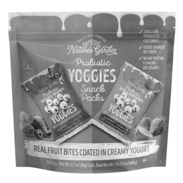 SNACK WITH PURPOSE NATURE'S GARDEN PROBIOTIC YOGGIES SNACK PACKS REAL FRUIT BITES COATED IN CREAMY YOGURT GLUTEN FREE NFC CERTIFIED 2 BILLION PROBIOTICS CULTURES GOOD SOURCE OF FIBER NO ARTIFICIAL FLAVORS OR COLORS 30 BAGS, NET WT: 0.7 OZ (20G) EACH, TOTAL NET WT: 1LB 5.2 OZ (600G) SNACK WITH PURPOSE NATURE’S GARDEN PROBIOTIC MIXED BERRY NATURAL FLAVORS YOGGIES REAL FRUIT BITES COATED IN CREAMY YOGURT 2 BILLION PROBIOTICS GOOD SOURCE OF FIBER NO ARTIFICIAL FLAVORS OR COLORS NET WT. 0.7 OZ (20G) SNACK WITH PURPOSE NATURE’S GARDEN PROBIOTIC STRAWBERRY NATURAL FLAVORS YOGGIES REAL FRUIT BITES COATED IN CREAM YOGURT 2 BILLION PROBIOTICS GOOD SOURCE OF FIBER NO ARTIFICIAL FLAVORS OR COLORS NET WT. 0.7 OZ (20G)