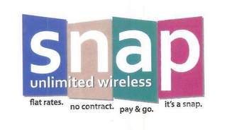 SNAP UNLIMITED WIRELESS FLAT RATES. NO CONTRACT. PAY & GO. IT'S A SNAP. logo