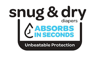 SNUG & DRY DIAPERS ABSORBS IN SECONDS UNBEATABLE PROTECTION logo
