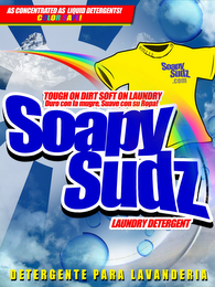 SOAPY SUDZ LAUNDRY DETERGENT  SOAPYSUDZ.COM AS CONCENTRATED AS LIQUID DETERGENTS! COLOR SAFE! TOUGH ON DIRT SOFT ON LAUNDRY DURO CON LA MUGRE, SUAVE CON SU ROPA! DETERGENTE PARA LANANDERIA logo