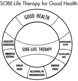 SOBE-LIFE THERAPY FOR GOOD HEALTH GOOD HEALTH SOBE-LIFE THERAPY REFRESHING SLEEP FULFILLING SEX SMOKE FREE ALCOHOL IN MODERATION DRUG FREE MINDFUL EATING HEALTHY EXERCISE logo