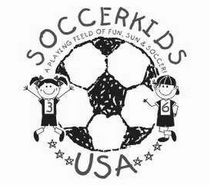 SOCCERKIDS USA A PLAYING FIELD OF FUN, SUN & SOCCER! 3 6 logo