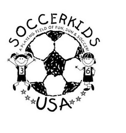 SOCCERKIDS USA A PLAYING FIELD OF FUN, SUN & SOCCER! 3 6 logo