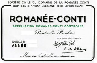 SOCIETE CIVILE DU DOMAINE DE LA ROMANEE-CONTI PROPRIETAIRE A VOSNE-ROMANEE (COTE-D'OR) FRANCE ROMANEE-CONTI APPELLATION ROMANEE-CONTI CONTROLEE BOUTEILLES RECOLTEES BOUTEILLE NO ANNEE LES ASSOCIES-GERANTS HENRI-FREDERIC ROCH A. DE VILLAINE MISE EN BOUTEILLE AU DOMAINE logo