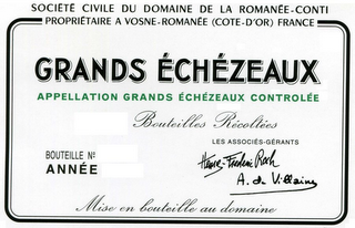 SOCIETE CIVILE DU DOMAINE DE LA ROMANEE-CONTI PROPRIETAIRE A VOSNE-ROMANEE (COTE-D'OR) FRANCE GRANDS ECHEZEAUX APPELLATION GRANDS ECHEZEAUX CONTROLEE BOUTEILLES RECOLTEES BOUTEILLE NO ANNEE LES ASSOCIES-GERANTS HENRI-FREDERIC ROCH A. DE VILLAINE MISE EN BOUTEILLE AU DOMAINE logo