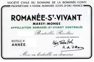 SOCIETE CIVILE DU DOMAINE DE LA ROMANEE-CONTI PROPRIETAIRE A VOSNE-ROMANEE (COTE-D'OR) FRANCE ROMANEE-ST-VIVANT MAREY-MONGE APPELLATION ROMANEE-ST-VIVANT CONTROLEE BOUTEILLES RECOLTEES BOUTEILLE NO ANNEE LES ASSOCIES-GERANTS HENRI-FREDERIC ROCH A. DE VILLAINE MISE EN BOUTEILLE AU DOMAINE logo